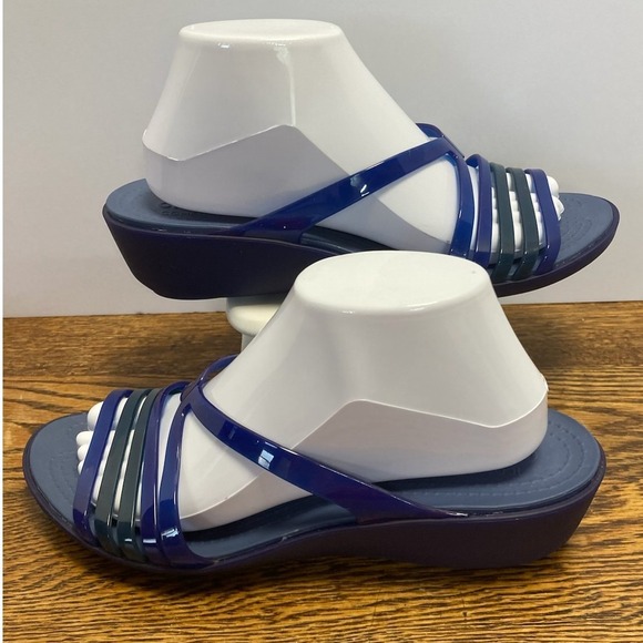 CROCS Shoes - Crocs Isabella Strappy Wedge Sandals Navy Blue Teal Womens 10 Comfort Slip On
